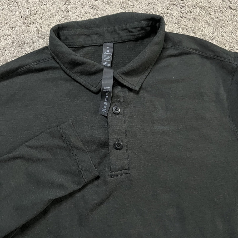 Lululemon Polo Shirt Mens Medium Black Long Sleeve Evolution Pique Stretch